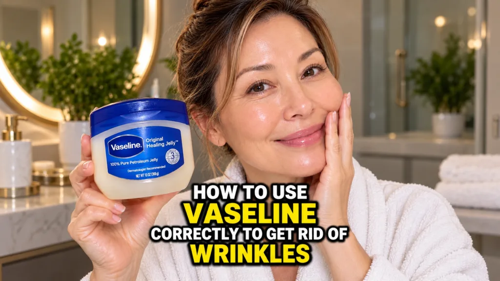 A woman in a white bathrobe smiling and gently touching her moisturized cheek while holding a tub of Vaseline Original H