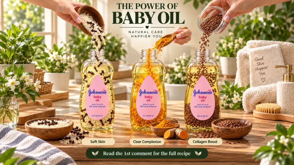 Three bottles of Johnson s Baby Oil are being infused with various natural ingredients like rice cloves turmeric and fla