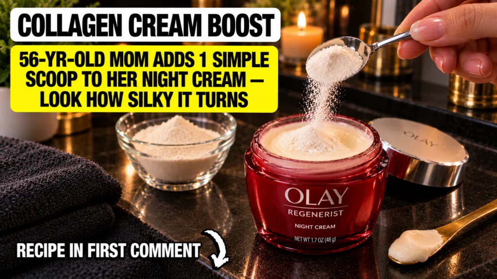 A spoonful of white powdered marine collagen being sprinkled into a jar of Olay Regenerist Night Cream with a cozy soft-