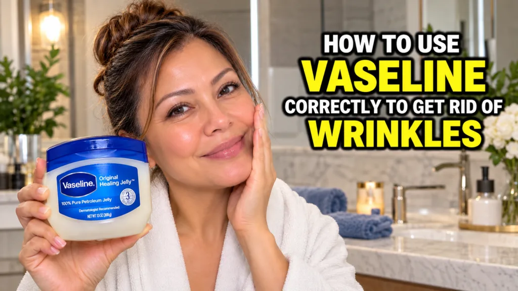 A woman in a white bathrobe gently smiles while holding a jar of Vaseline touching her cheek The background is a warm in