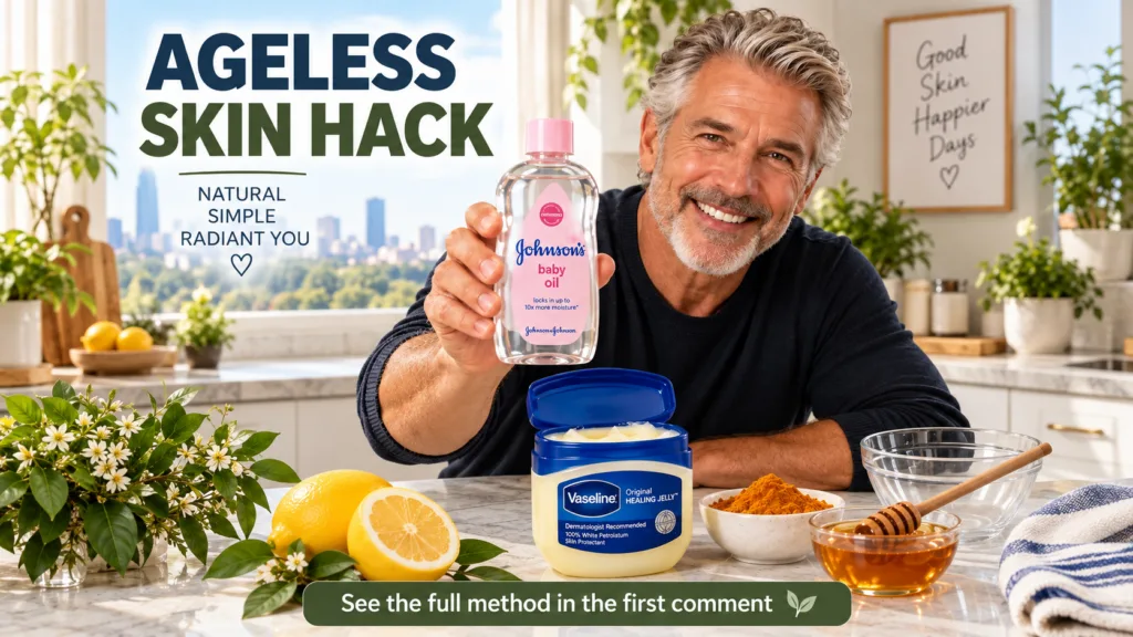 A smiling woman showcasing natural skincare ingredients like lemons honey turmeric Vaseline and baby oil arranged on a t