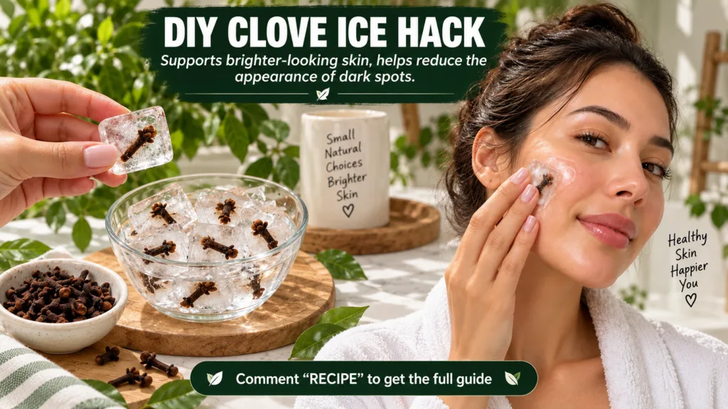 A split image showing the preparation of clove ice on the left cloves ice cubes a hand holding one and a woman applying 