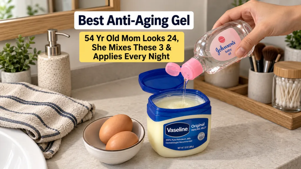 A hand pouring baby oil into an open jar of Vaseline with a bowl of eggs nearby on a light countertop illustrating the m