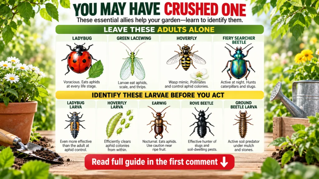 An infographic illustrating ten different beneficial insects both adult and larval stages with descriptions and categori