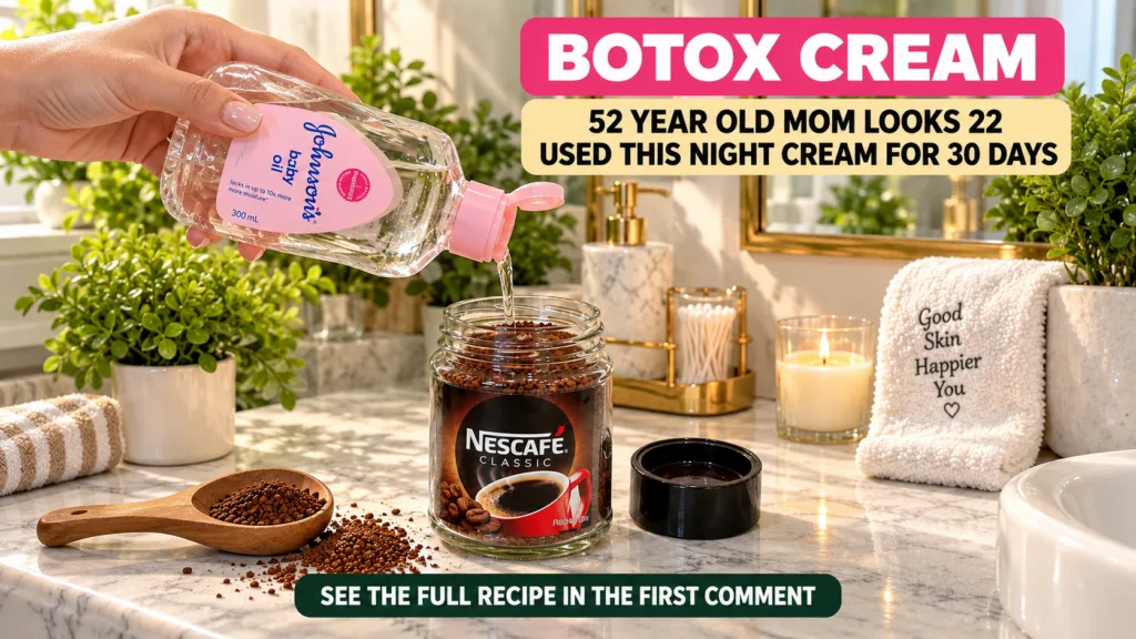 A close-up of a hand pouring Johnson s Baby Oil into a jar of Nescafé Classic instant coffee granules surrounded by spil