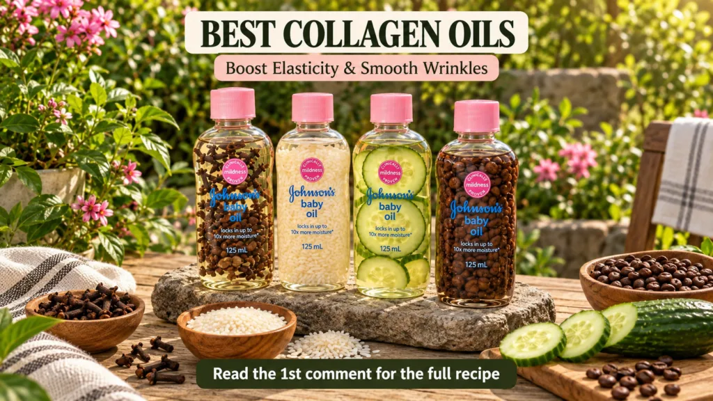Four clear plastic bottles of Johnson s baby oil each infused with different natural ingredients like cloves rice cucumb