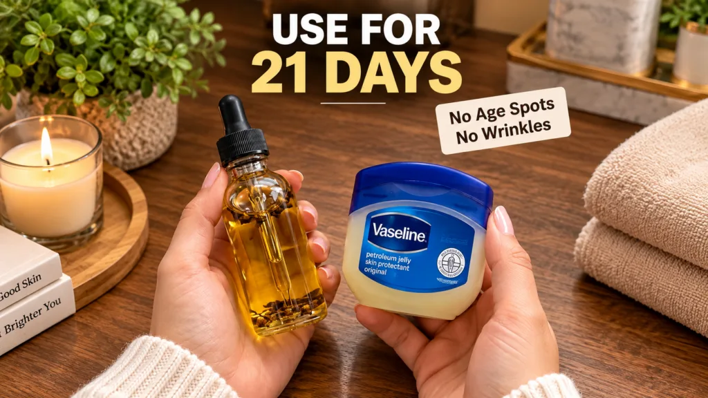 Two hands holding a glass dropper bottle filled with oil and cloves alongside a tub of Vaseline Petroleum Jelly on a woo