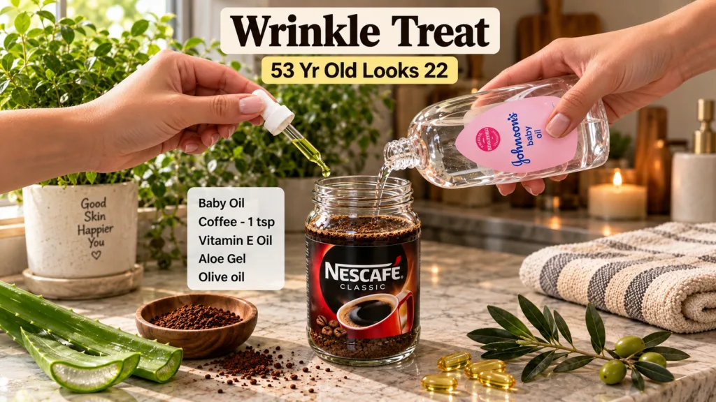 Hands preparing a DIY coffee mask by pouring olive oil and Johnson s baby oil into a jar of Nescafe Classic coffee groun