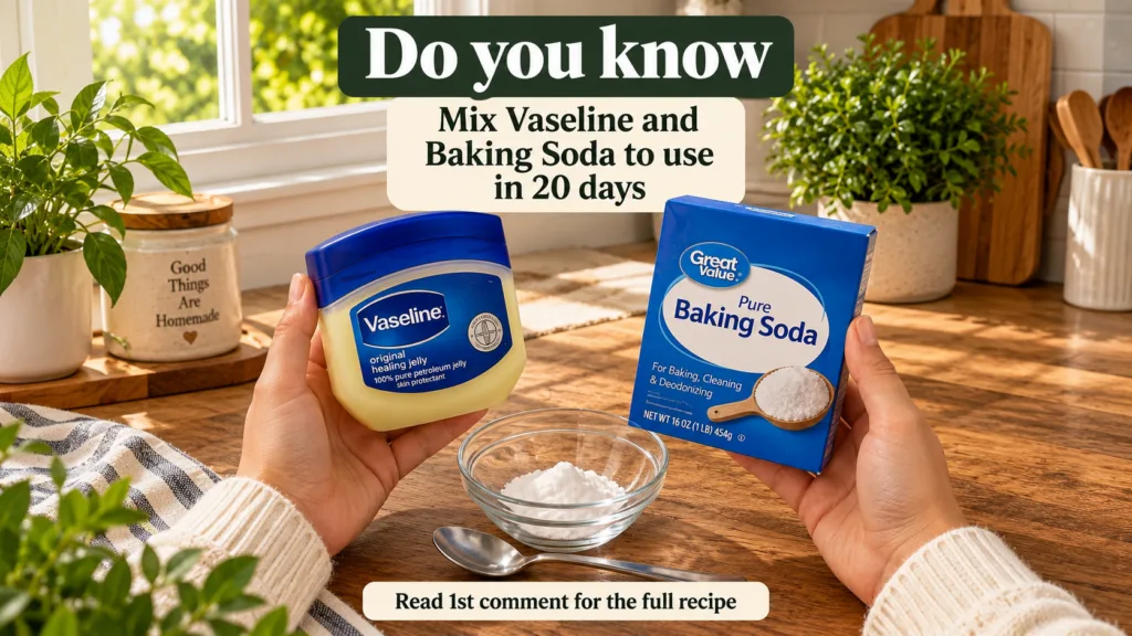 Hands holding a jar of Vaseline and a box of baking soda over a wooden table with a small bowl of baking soda and a spoo