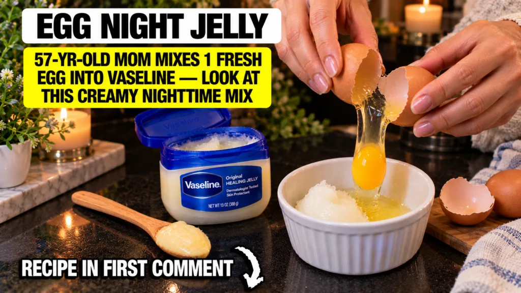 Close-up of hands cracking a fresh egg into a bowl with Vaseline ready to be mixed for a DIY beauty treatment
