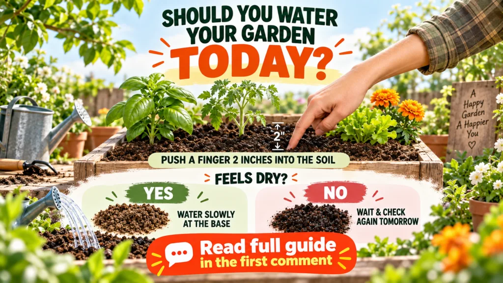 An infographic illustrating how to check soil moisture with a finger It shows a raised garden bed with plants a hand ins