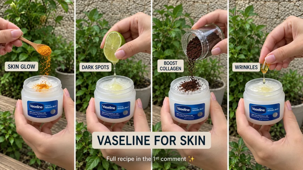 A four-panel grid showcasing different DIY skincare remedies Each panel shows a hand adding a natural ingredient turmeri