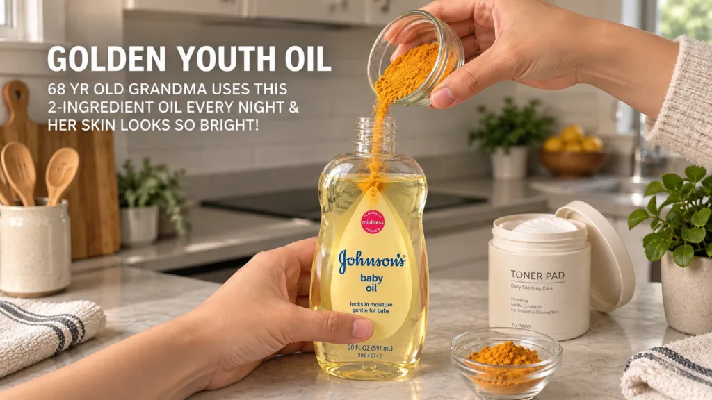 Hands pouring bright yellow turmeric powder from a small glass bowl into a bottle of baby oil A striped towel and other 