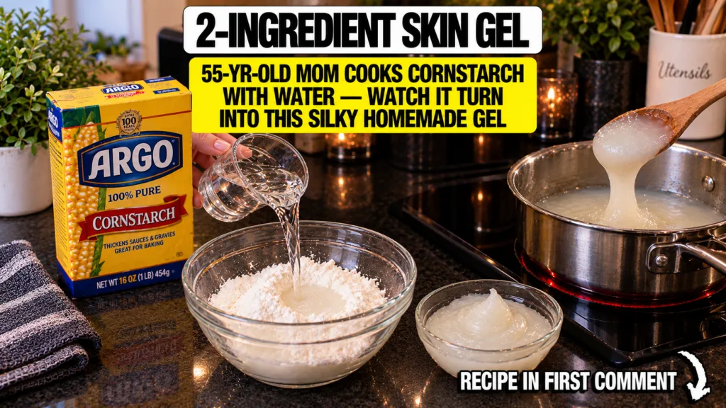 A step-by-step culinary scene showing the making of cornstarch skin gel A box of Argo cornstarch a hand pouring water in