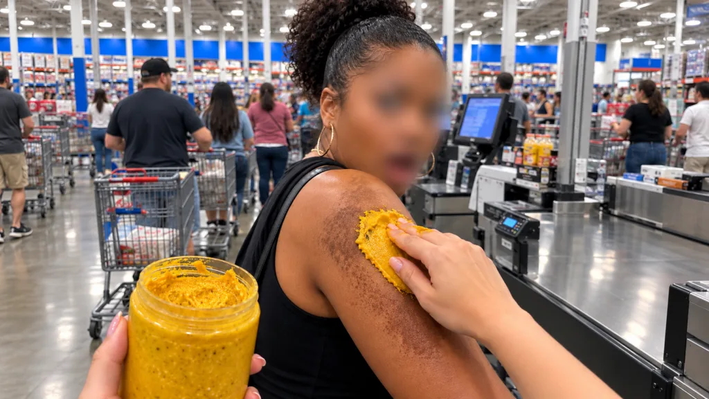 A close-up of a person gently applying a vibrant yellow textured body scrub to another person s arm A clear glass jar fi