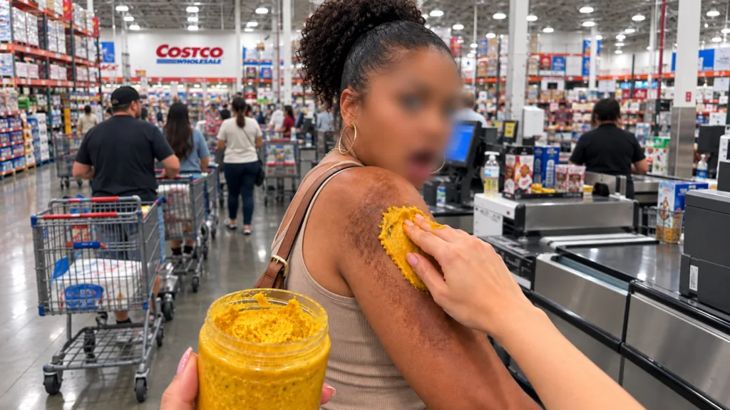A close-up high-angle view of a person applying a vibrant yellow textured scrub or mask onto another person s arm showca