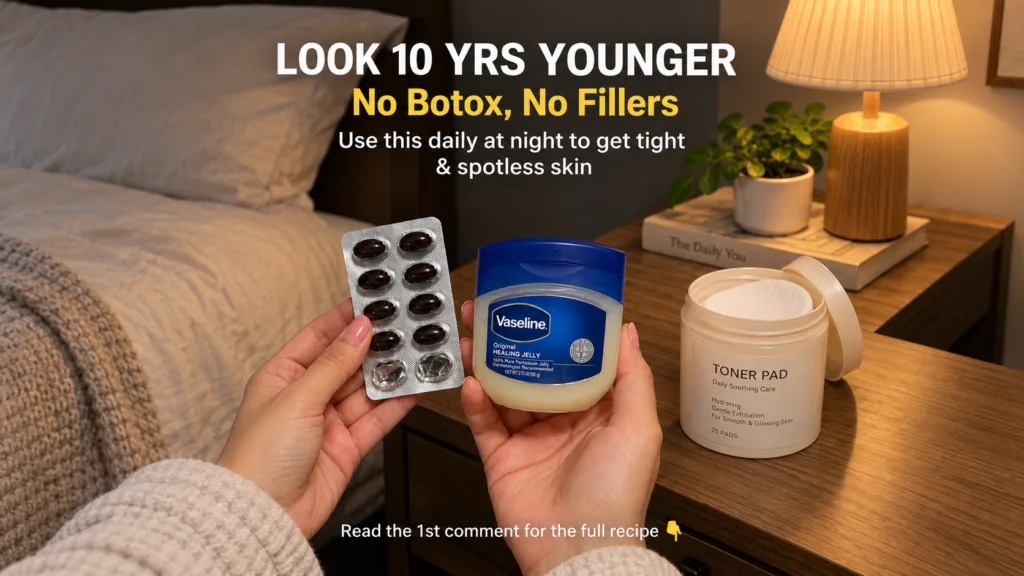 A pair of hands holding a jar of Vaseline and a blister pack of vitamin E capsules over a wooden bedside table alongside