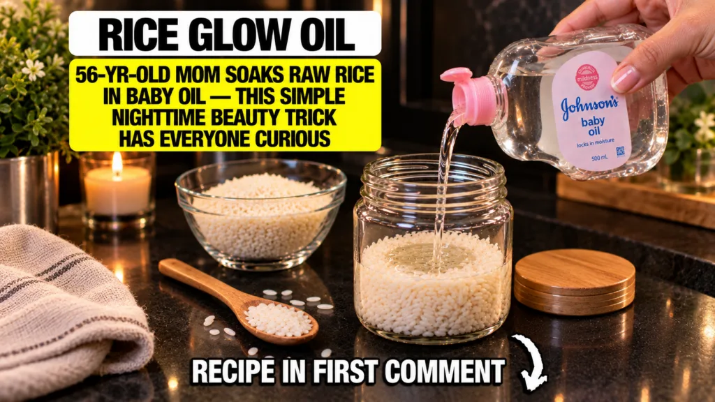 A hand pouring Johnson s baby oil into a clear glass jar filled with raw white rice on a dark countertop with a wooden s