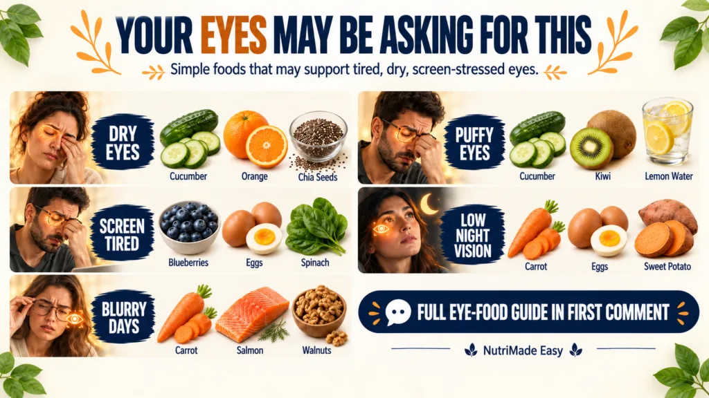 An infographic illustrating various common eye issues like dry screen-tired blurry puffy and low night vision with corre