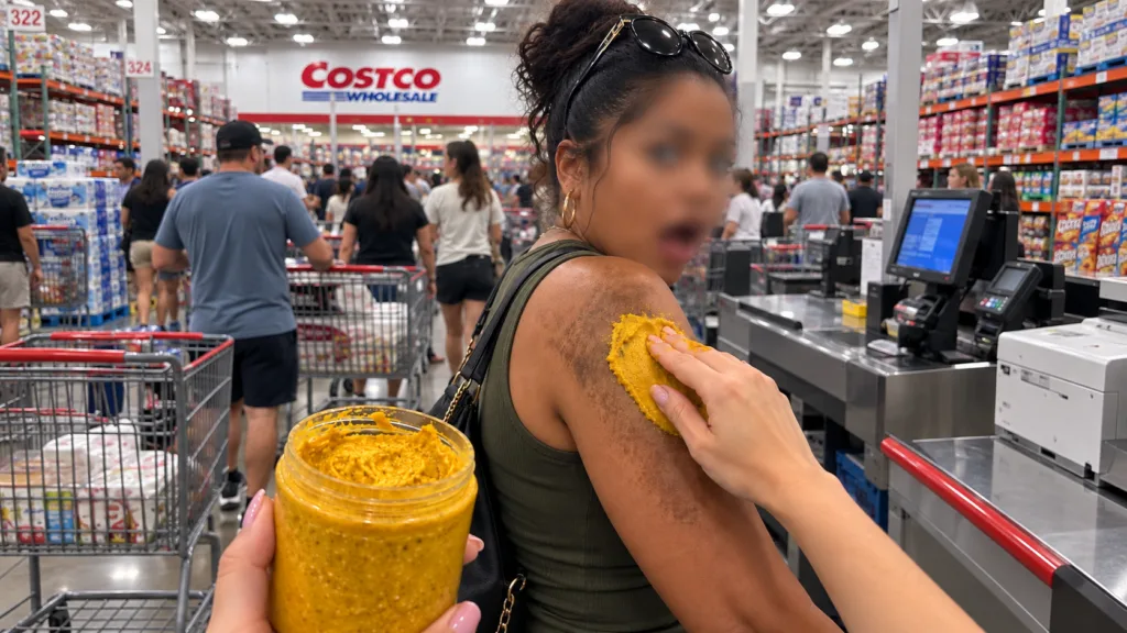 A person s hand applying a vibrant yellow turmeric paste to their arm with a small jar of the paste visible in the foreg
