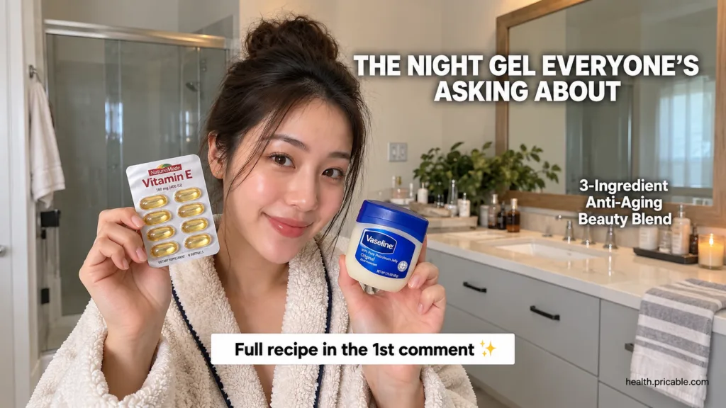 Smiling woman in a white robe holding Vitamin E softgels and a tub of Vaseline suggesting a beauty routine