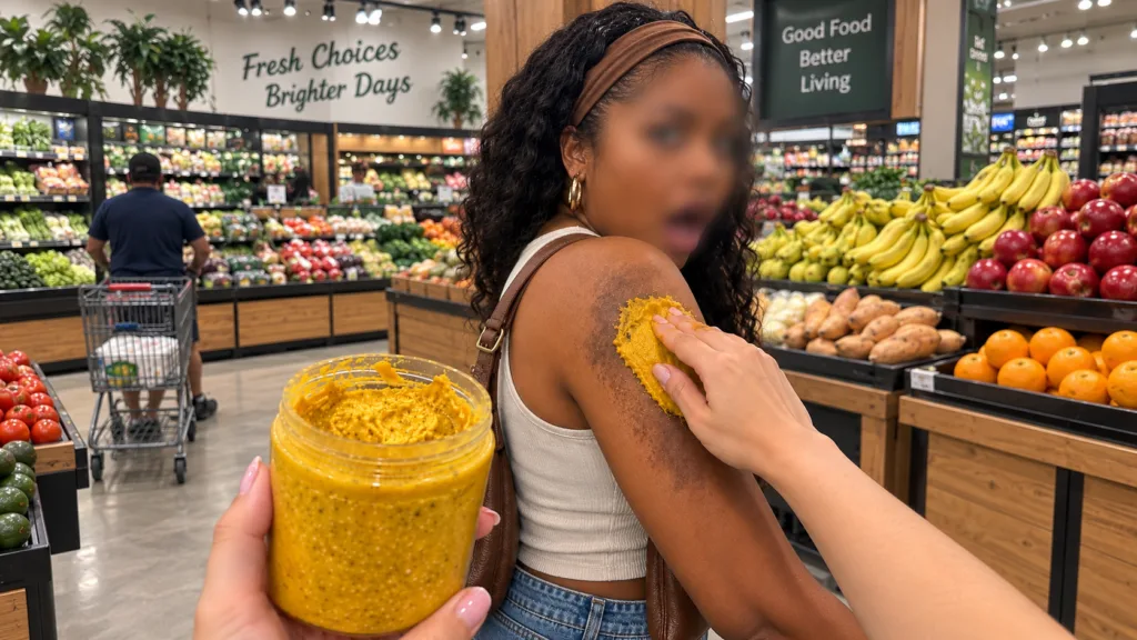A close-up of a person s arm with a golden yellow textured natural mask being applied by another hand A clear jar of the