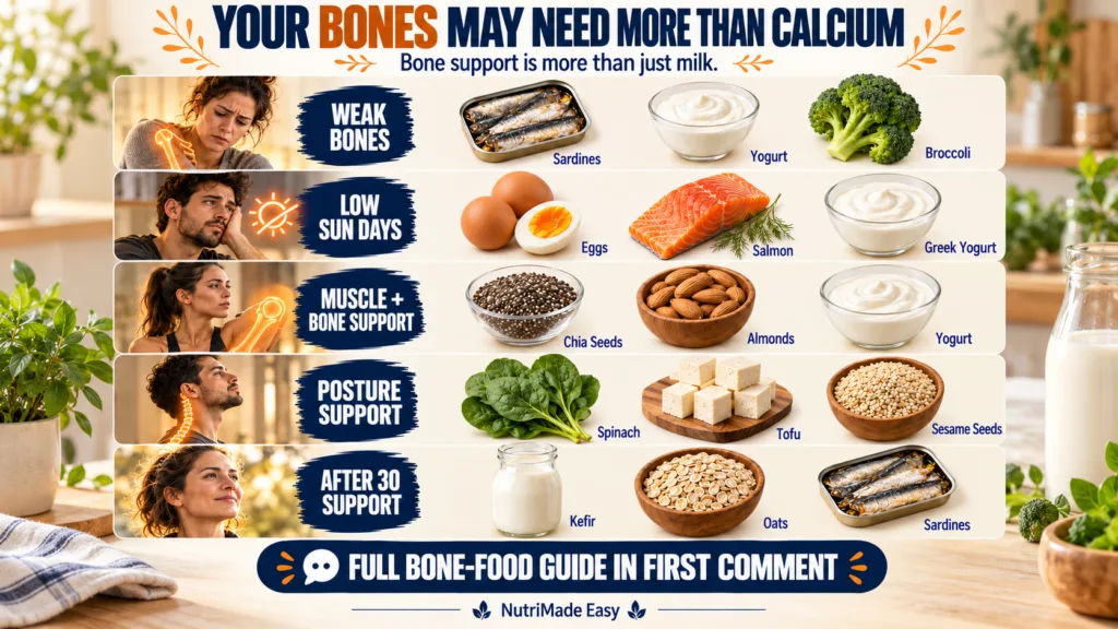 An infographic detailing various nutrients and foods essential for bone health beyond just calcium structured into five 