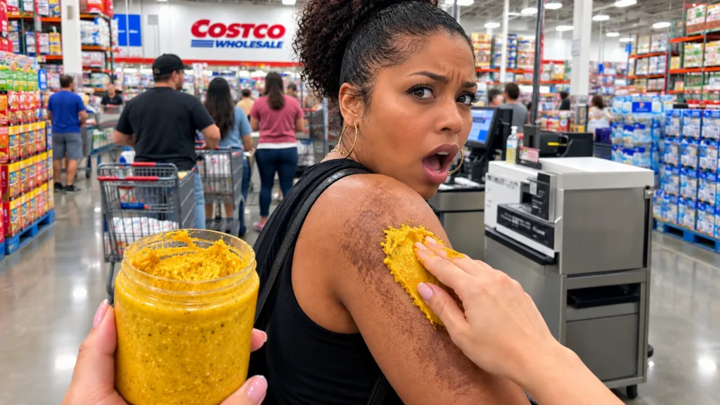 A woman reacting with a surprised expression as a bright yellow textured paste is being applied to her arm by another pe