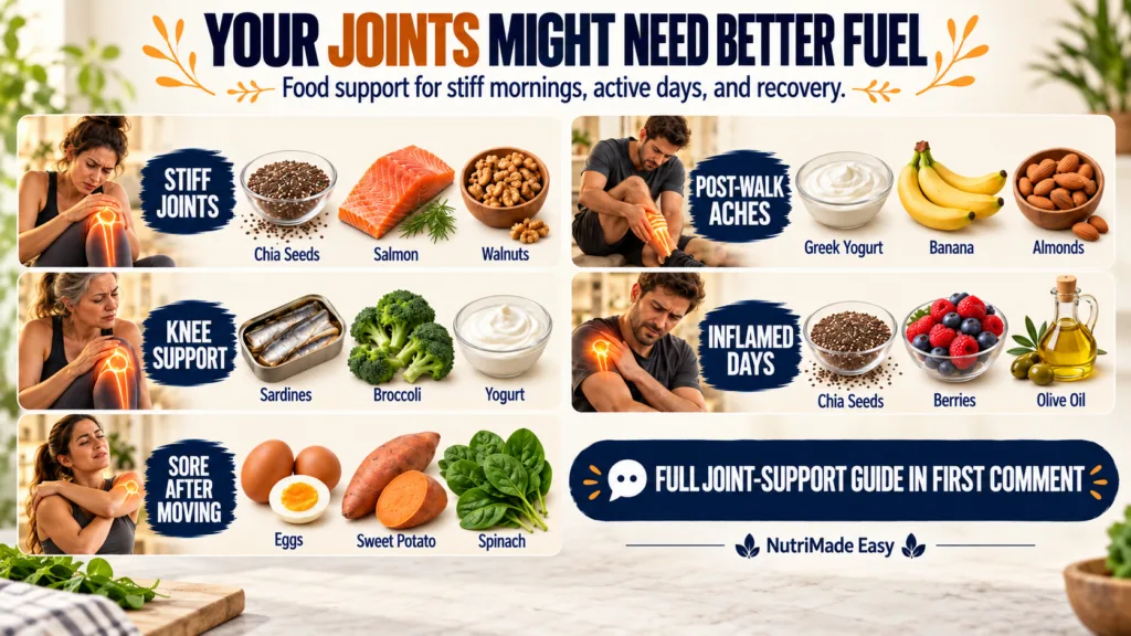 An infographic showing different types of joint pain stiffness aches inflammation and specific foods that support each c