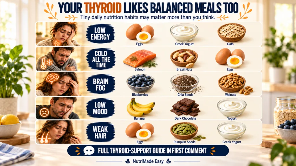 An infographic showing common thyroid symptoms like low energy brain fog and weak hair paired with beneficial food items