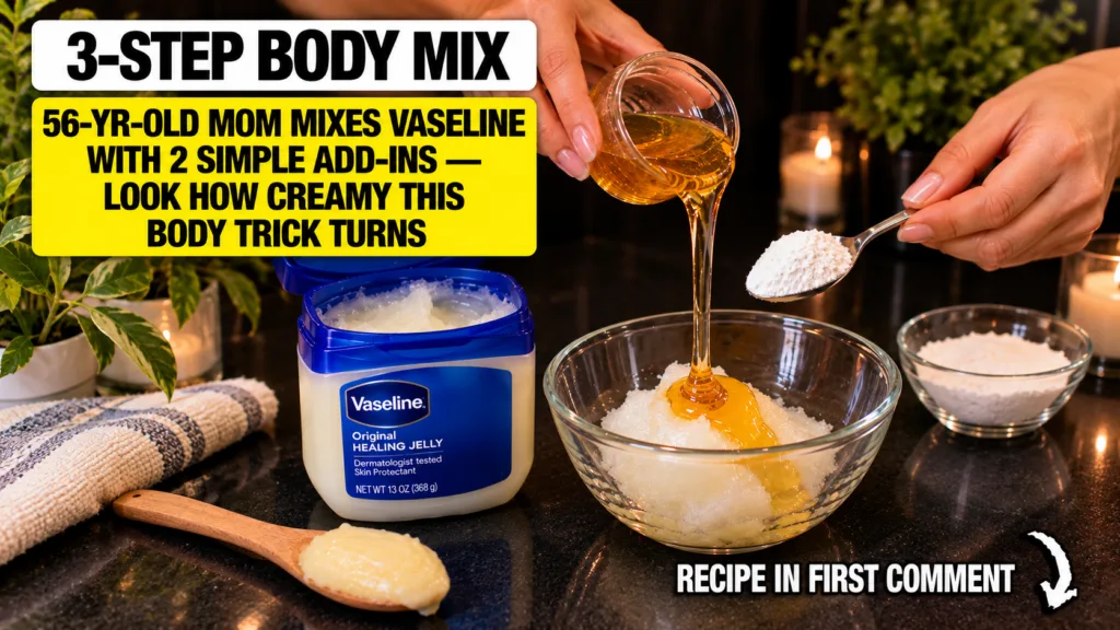 Hands mixing Vaseline honey and rice powder in a bowl with a tub of Vaseline in the background