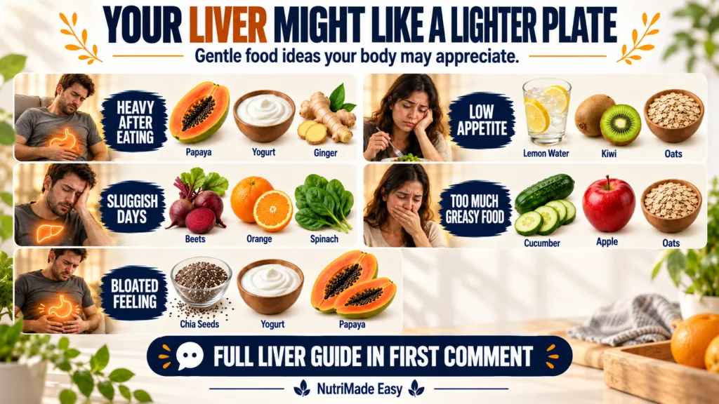 An infographic titled YOUR LIVER MIGHT LIKE A LIGHTER PLATE with sections for Heavy After Eating and Bloated Feeling sho