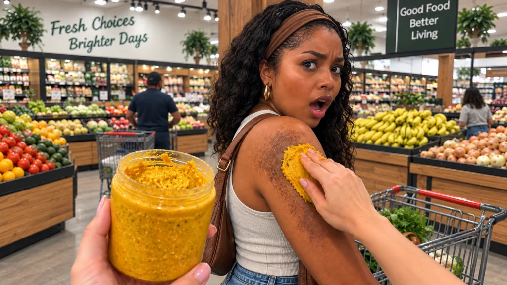 A woman reacting with surprise as a vibrant yellow turmeric scrub is applied to her arm in a grocery store with a jar of