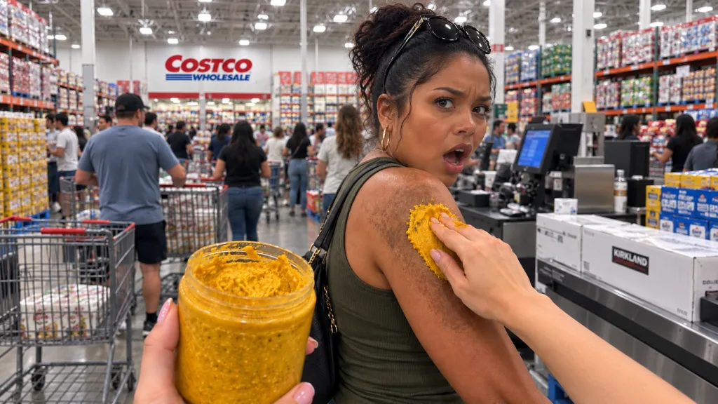 A woman reacting with surprise to a yellow scrub on her arm with a product jar in the foreground set in a blurred Costco