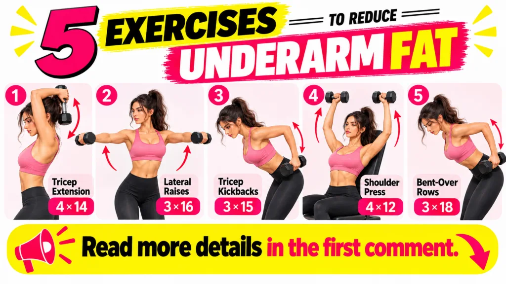 An infographic titled 5 EXERCISES TO REDUCE UNDERARM FAT showing a woman demonstrating five different dumbbell exercises