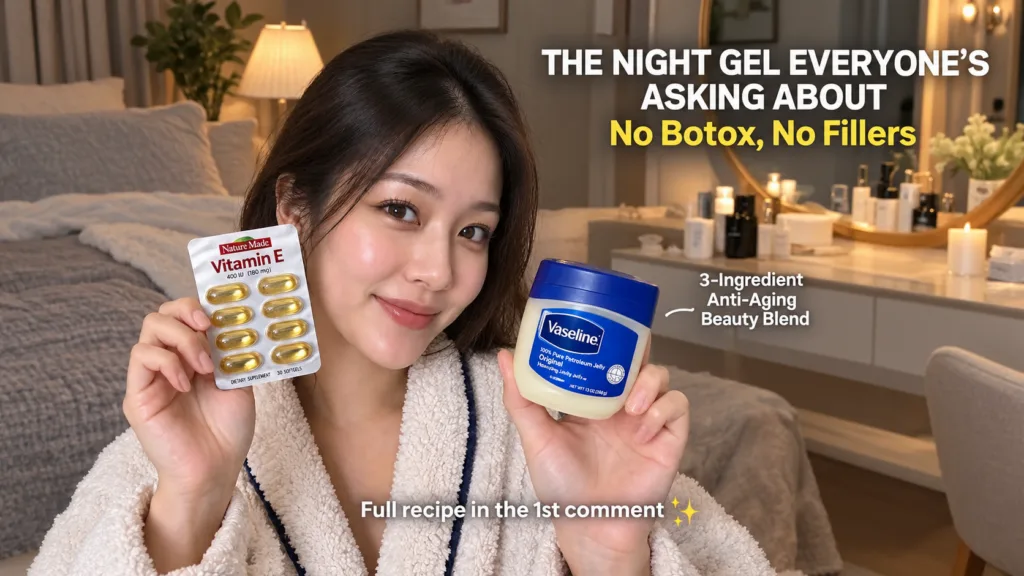 A smiling young woman holding a blister pack of Vitamin E capsules and a small jar of Vaseline Petroleum Jelly against a