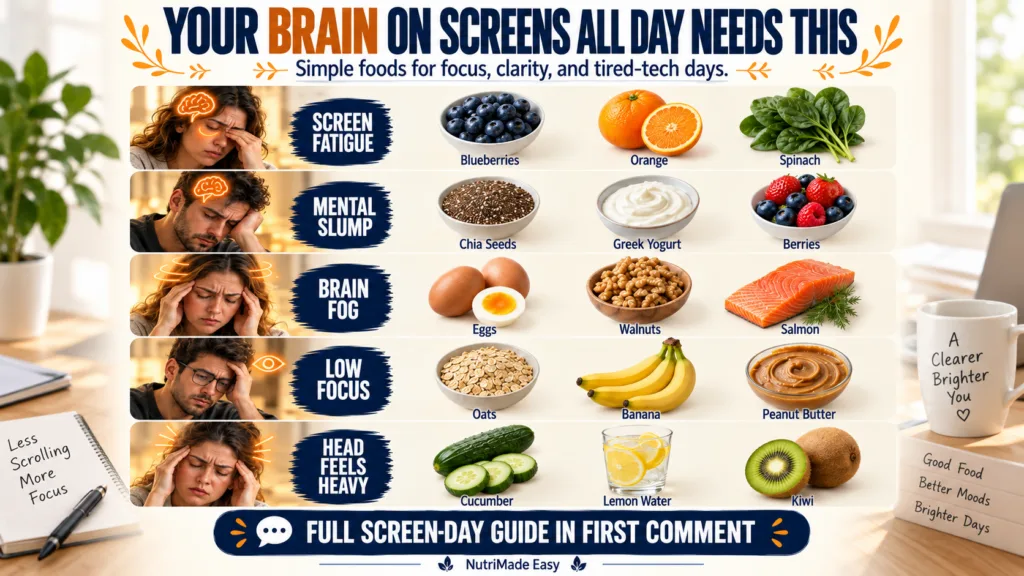 An infographic showing natural foods that combat screen-day fatigue with five sections pairing a person experiencing an 