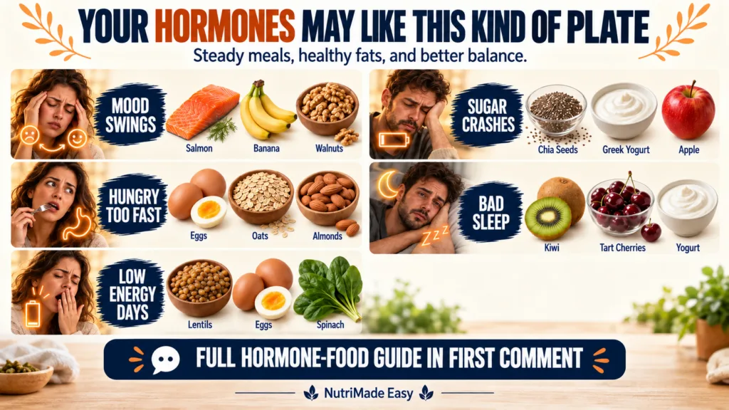 An infographic showing different hormonal issues like mood swings and low energy each paired with images of healthy food