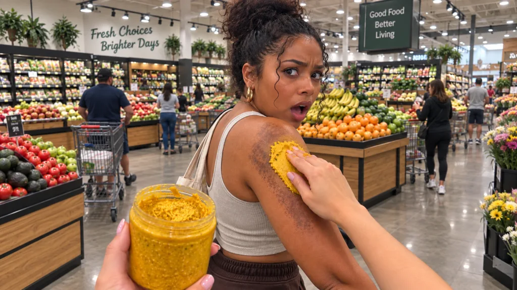 A woman in a grocery store aisle looking surprised as a textured yellow scrub is applied to her arm Another hand holds a