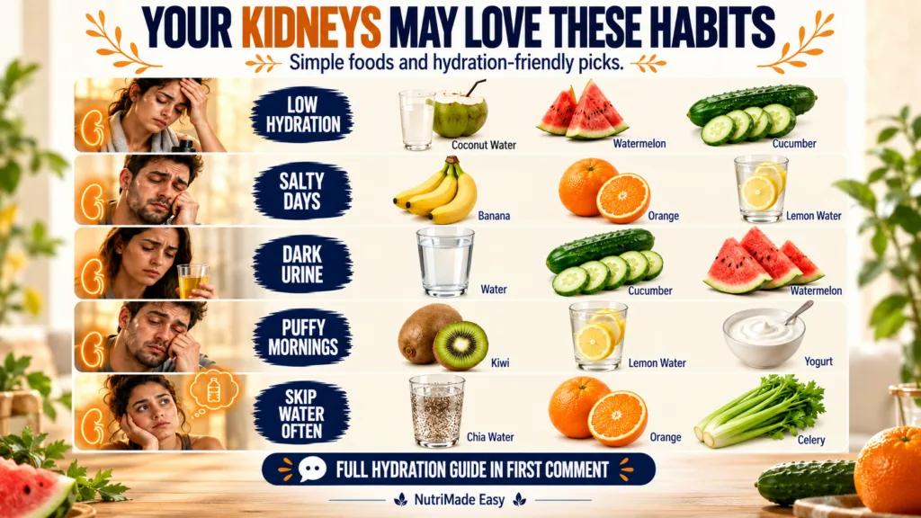 An infographic showing common symptoms of dehydration and poor kidney health paired with beneficial hydration-friendly f