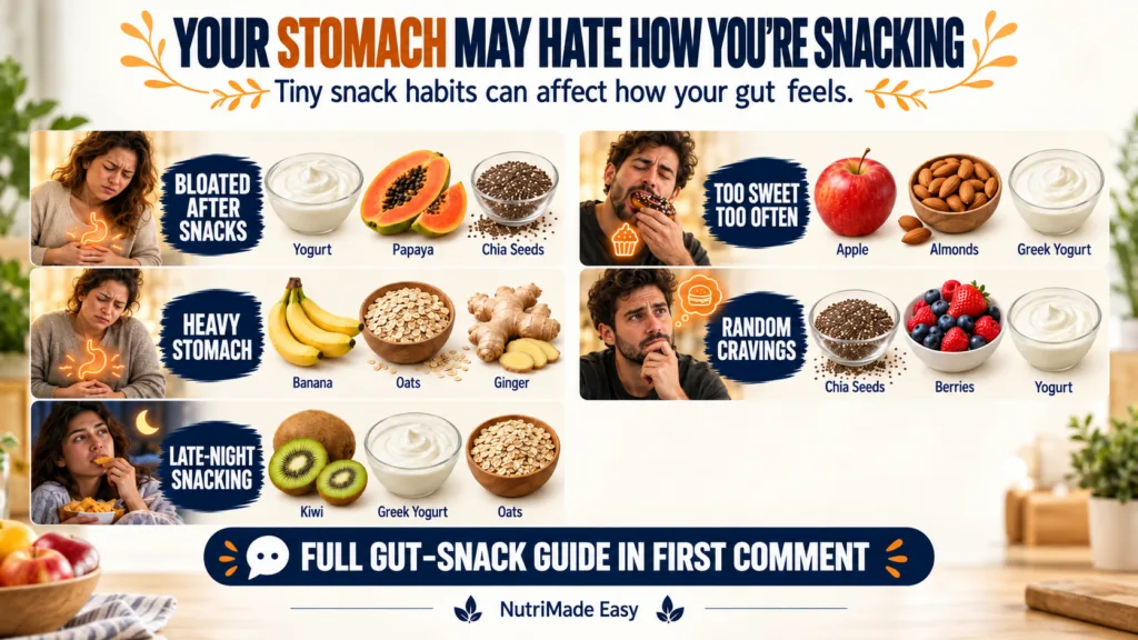 An infographic showing five common snack habits and their healthier alternatives with illustrations of people and variou