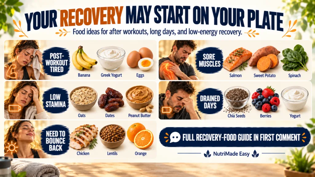 An infographic showing five different recovery states e g tired sore with three specific food items suggested for each d