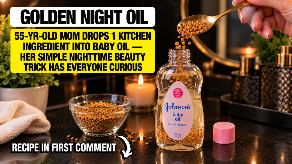 A hand gently pouring golden turmeric powder from a small spoon into an open bottle of Johnson s baby oil which already