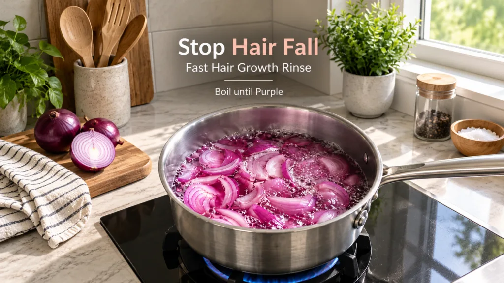 A stainless steel pot on a gas stove filled with red onion slices boiling in a vibrant purple liquid with steam rising