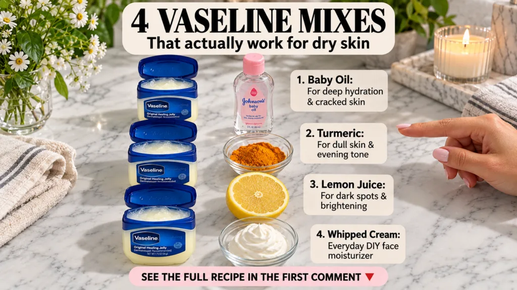 Four open jars of Vaseline arranged vertically on a marble surface next to small bowls of natural ingredients like baby 