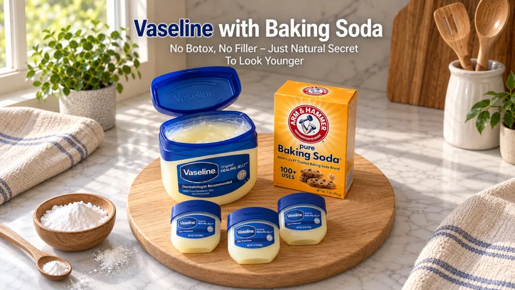 An open jar of Vaseline Original Healing Jelly three smaller Vaseline jars and a box of Arm Hammer Pure Baking Soda all 