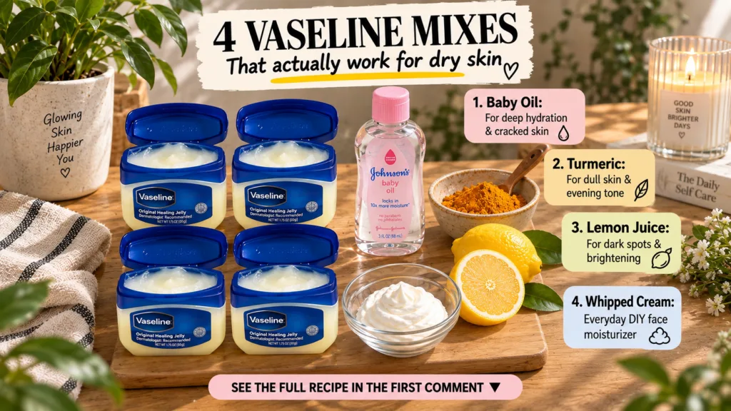A flat lay image showing four open tubs of Vaseline arranged vertically Beside them are natural ingredients a bottle of 