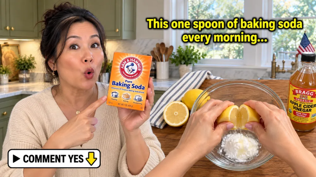 A woman in a sunlit kitchen with a surprised expression holding a box of baking soda above hands squeezing a lemon into 