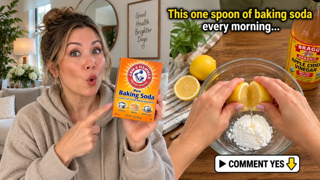A vertical diptych The top panel shows a woman pointing to a box of baking soda The bottom panel shows hands squeezing a