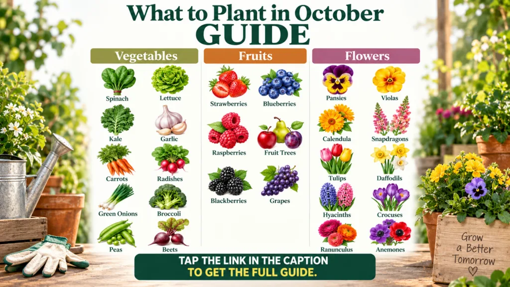 An infographic titled What to Plant in October GUIDE showing illustrations and labels for various vegetables fruits and